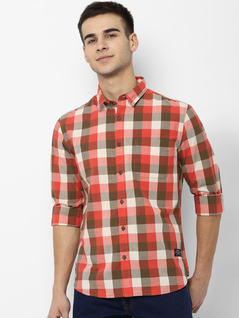 

People Men Red & Olive Brown Regular Fit Checked Casual Shirt