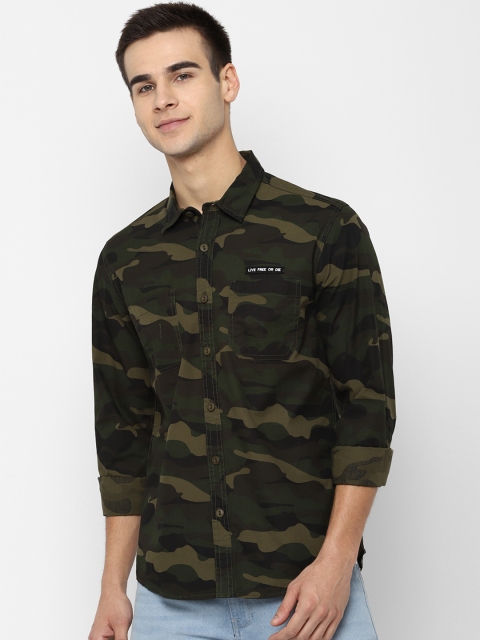 

People Men Green Regular Fit Camouflage Printed Casual Shirt