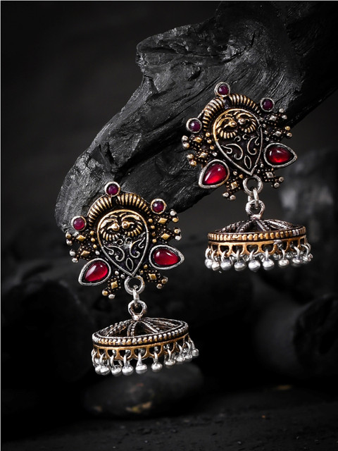 

Silvermerc Designs Red & Gold-Toned Dome Shaped Jhumkas