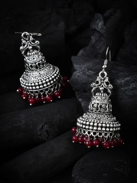 

Silvermerc Designs Silver-Toned & Red Dome Shaped Jhumkas