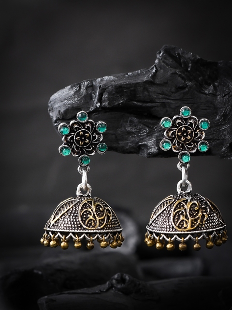 

Silvermerc Designs Green & Silver-Toned Dome Shaped Jhumkas