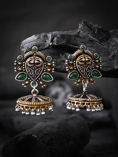 

Silvermerc Designs Green & Gold-Toned Dome Shaped Jhumkas