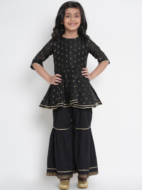 

Bitiya by Bhama Girls Black & Gold-Coloured Woven Design Kurta with Sharara