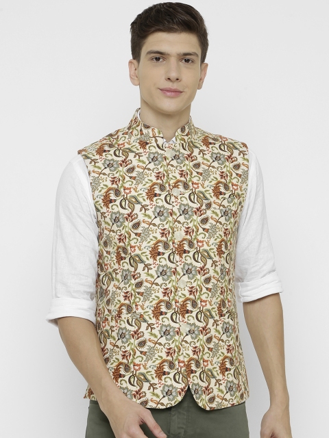 

CAVALLO by Linen Club Men Off-White & Brown Printed Sustainable Nehru Jacket