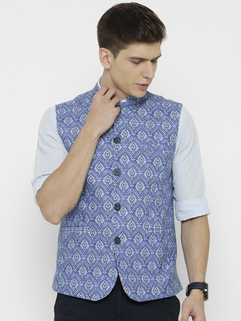 

CAVALLO by Linen Club Men Blue Digital Printed Nehru Jacket