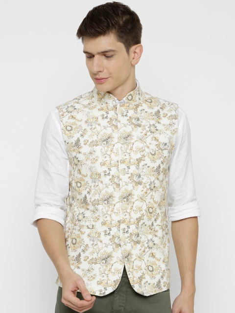 

CAVALLO by Linen Club Men White & Brown Floral Digital Printed Sustainable Nehru Jacket