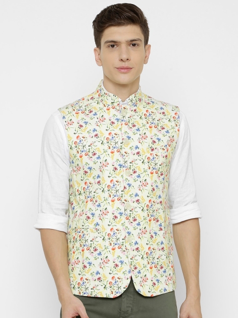 

CAVALLO by Linen Club Men Off-White & Yellow Printed Woven Sustainable Nehru Jacket