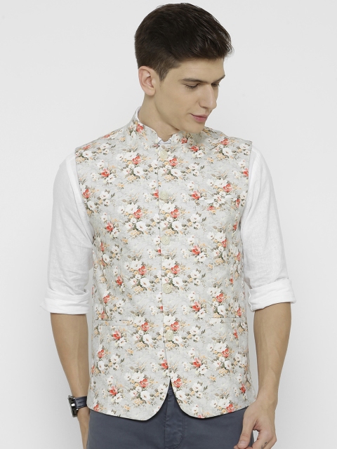 

CAVALLO by Linen Club Men Grey & White Floral Digital Printed Sustainable Nehru Jacket