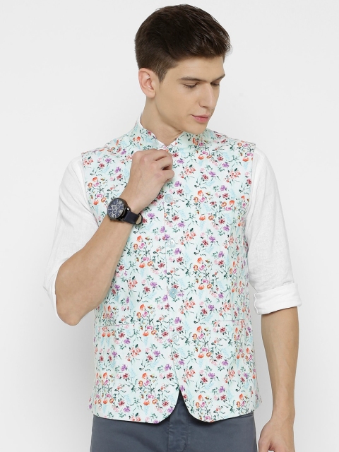 

CAVALLO by Linen Club Men Turquoise Blue & Purple Digital Floral Printed Sustainable Nehru Jacket