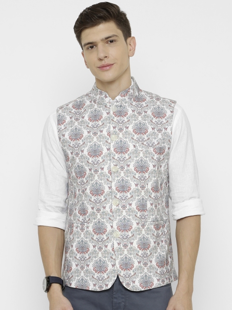 

CAVALLO by Linen Club Men Off-White & Peach-Coloured Digital Printed Sustainable Nehru Jacket