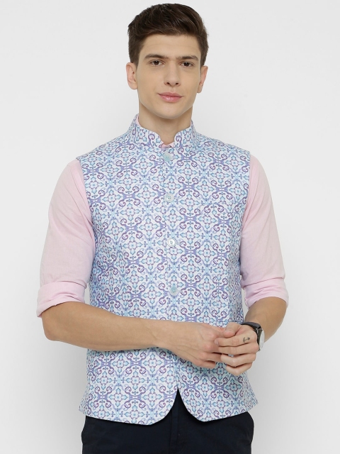 

CAVALLO by Linen Club Men White & Blue Digital Printed Woven Sustainable Nehru Jacket