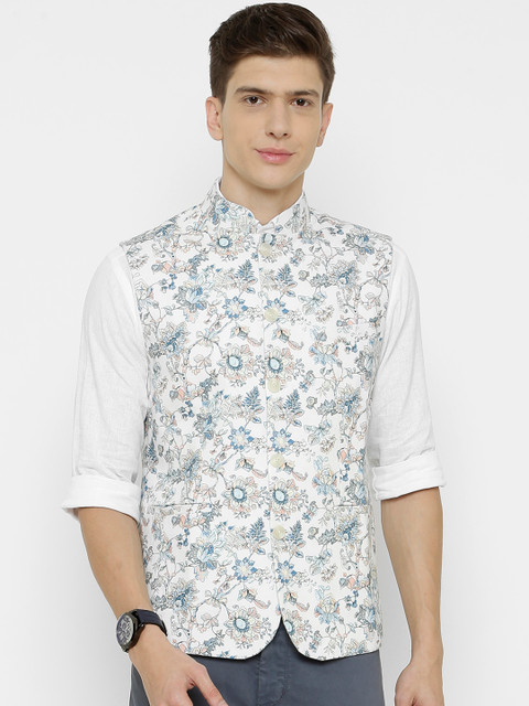

CAVALLO by Linen Club Men White & Blue Digital Printed Nehru Jacket