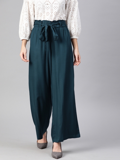 

HERE&NOW Women Teal Blue Regular Fit Solid Parallel Trousers