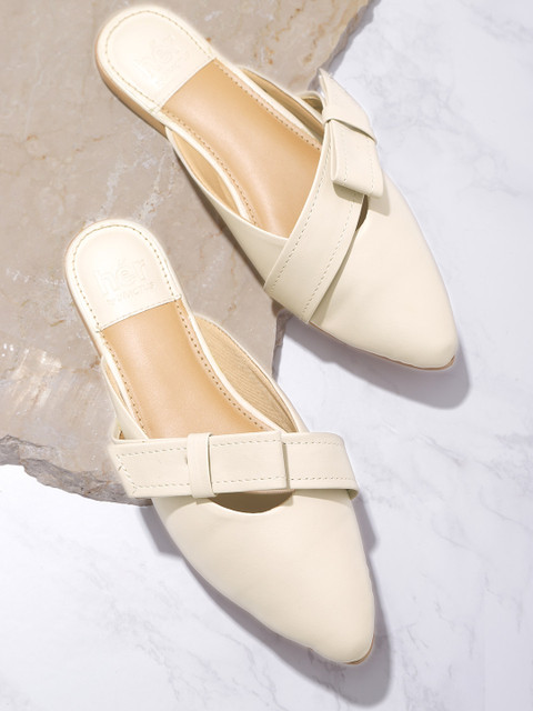 

her by invictus Women Cream-Coloured Solid Mules with Bow Detail
