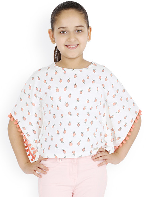 

One Friday Girls White & Orange Printed Kaftan Pure Cotton Top
