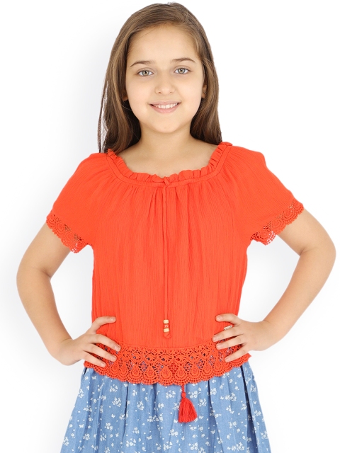 

One Friday Girls Orange Self Design Top