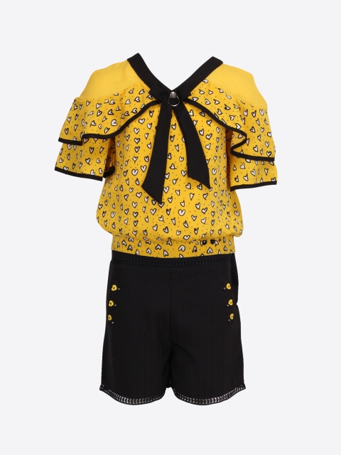 

CUTECUMBER Girls Yellow & Black Printed Top with Shorts