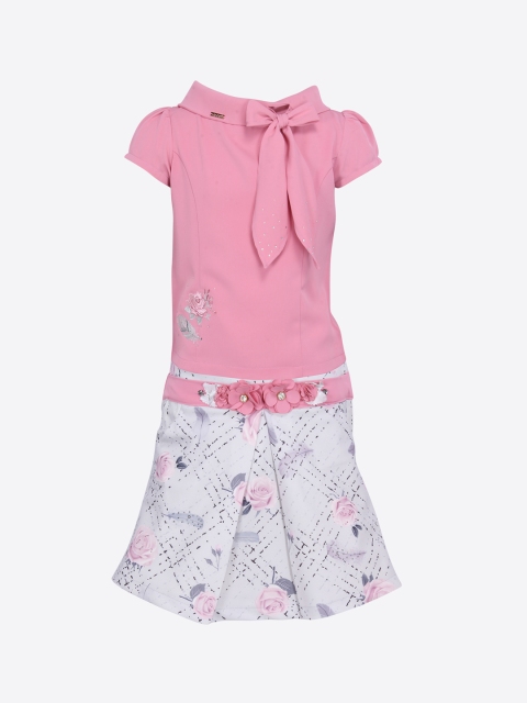 

CUTECUMBER Girls Pink & White Solid Top with Skirt