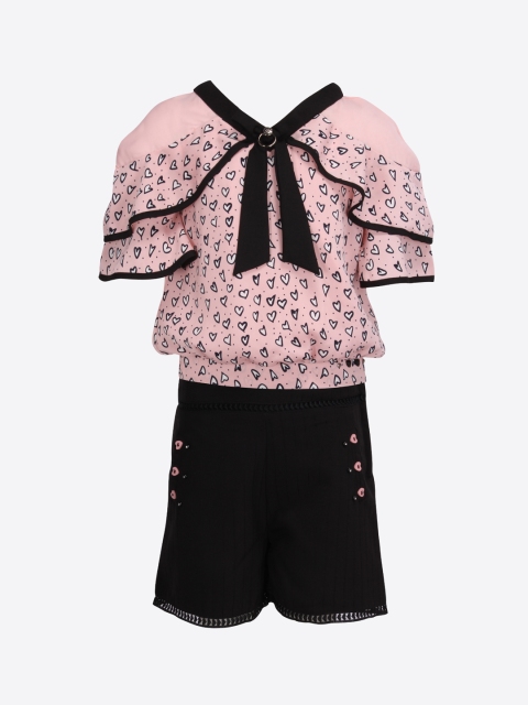

CUTECUMBER Girls Pink & Black Printed Top with Shorts