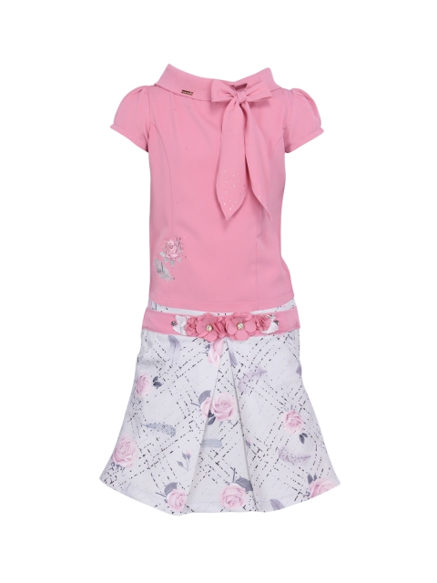 

CUTECUMBER Girls Pink & White Solid Top with Skirt