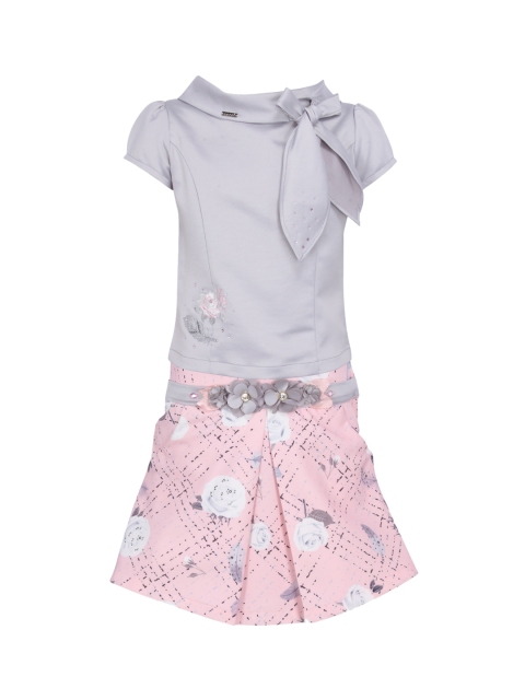 

CUTECUMBER Girls Grey & Pink Solid Top with Skirt