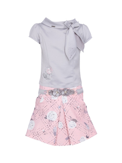 

CUTECUMBER Girls Grey & Pink Solid Top with Skirt