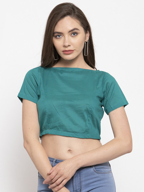 

Meee Women Teal Blue Solid Crop Pure Cotton Top