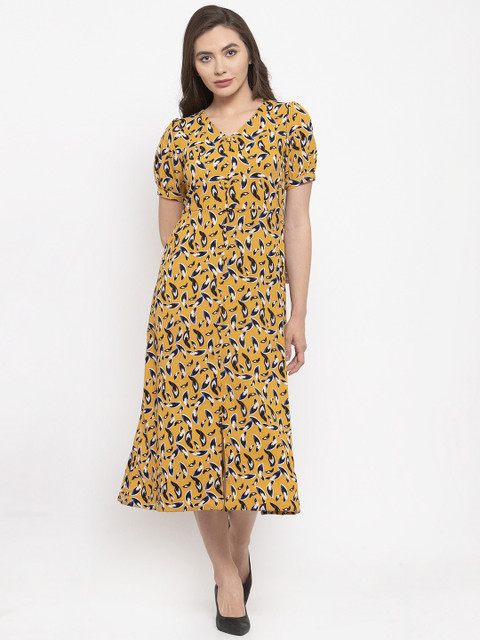 

Meee Women Mustard Yellow Printed Fit and Flare Dress
