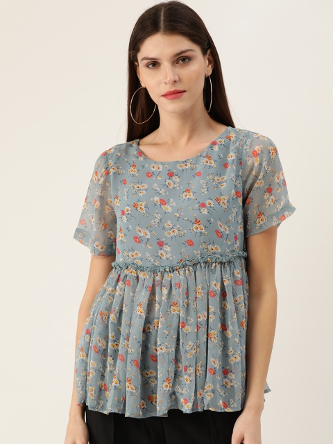 

QUIERO Women Grey & Red Ditsy Floral Print Cinched Waist Top, Blue