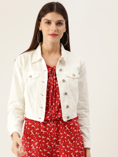 

QUIERO Women White Embroidered Solid Crop Denim Jacket