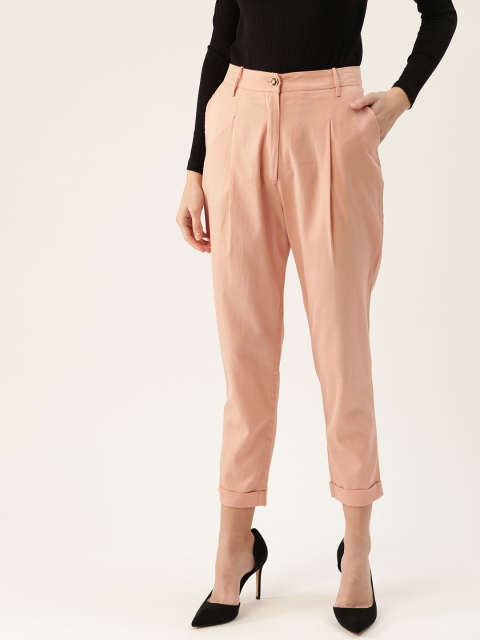 

QUIERO Women Peach-Coloured Smart Slim Fit Solid Cropped Regular Trousers