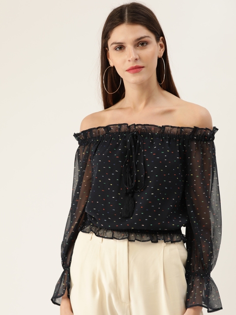 

QUIERO Women Navy Blue & White Printed Bardot Top