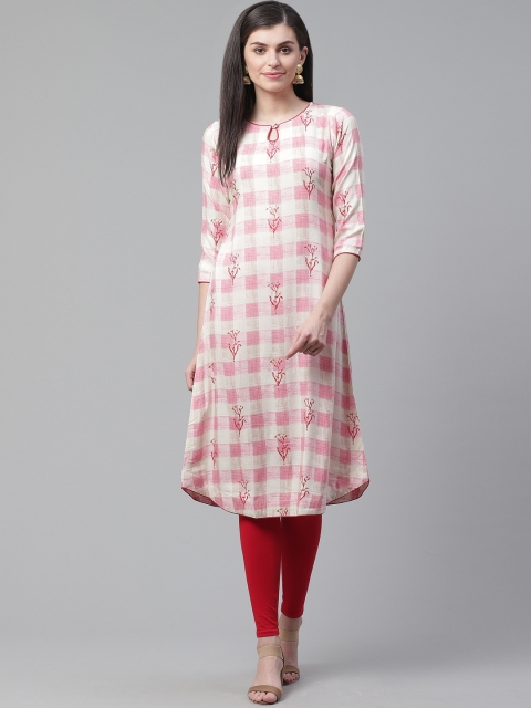 

AHIKA Women Cream-Coloured & Pink Checked A-Line Kurta