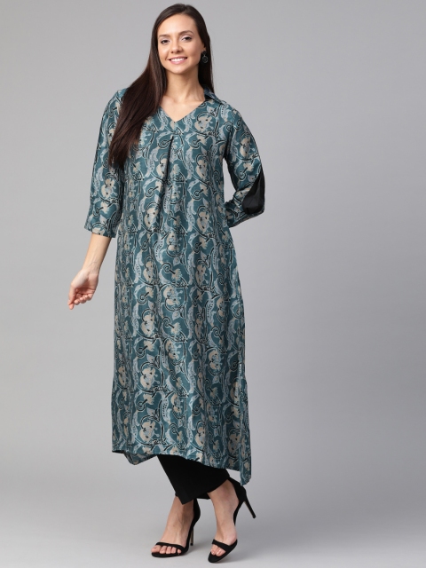 

AHIKA Women Teal Blue Ethnic Printed Asymmetric A-Line Kurta