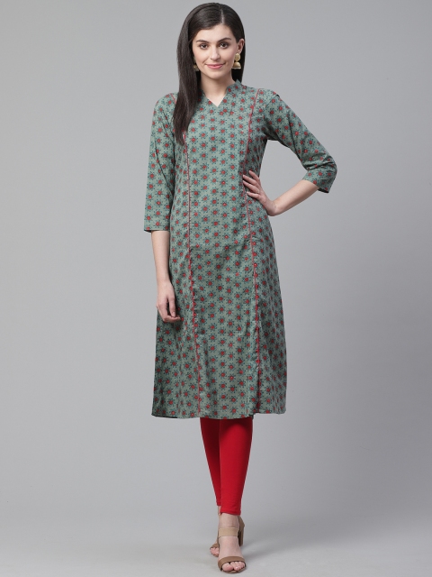 

AHIKA Women Green & Red Printed A-Line Kurta