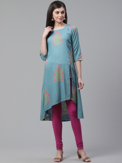 

AHIKA Women Blue & Pink Printed A-Line High-Low Kurta