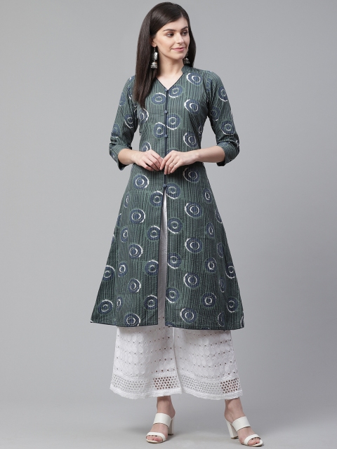 

AHIKA Women Green & Navy Blue Printed High Slit A-Line Kurta