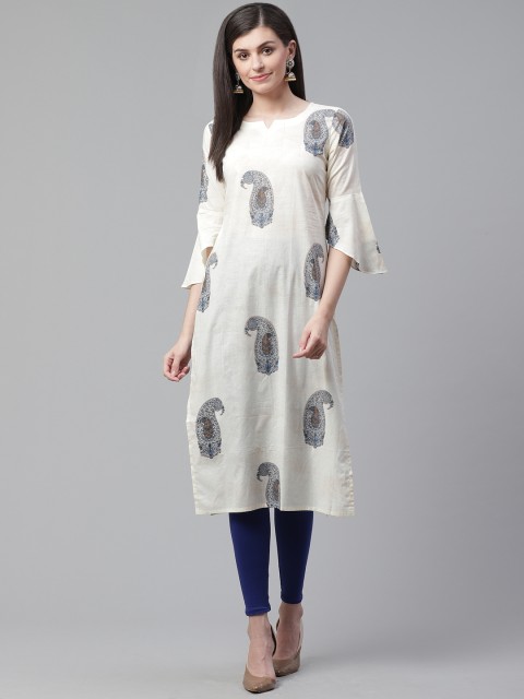 

AHIKA Women Cream-Coloured & Blue Printed Straight Kurta