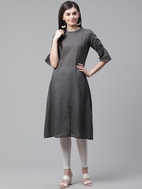 

AHIKA Women Charcoal Grey Solid Straight Kurta