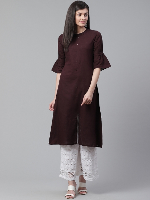 

AHIKA Women Coffee Brown Solid Bell Sleeves A-Line Kurta