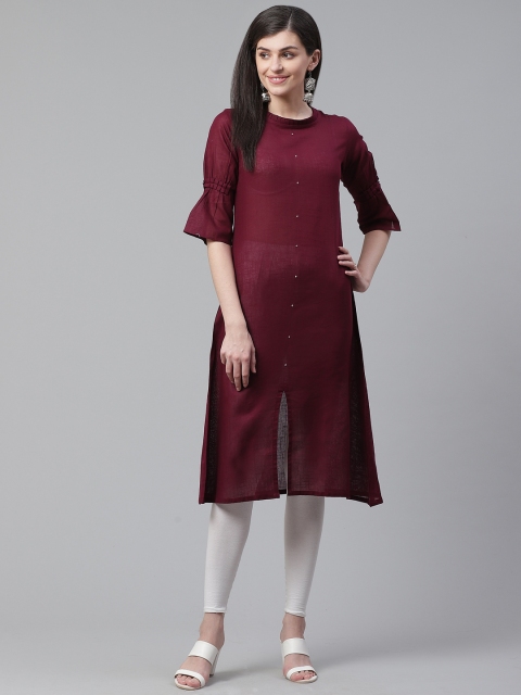 

AHIKA Women Burgundy Solid Bell Sleeves A-Line Kurta
