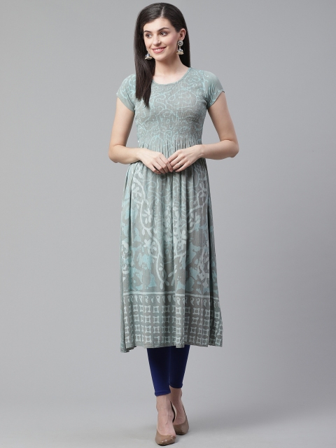 

AHIKA Women Grey & Blue Smocked Ethnic Printed Anarkali Kurta