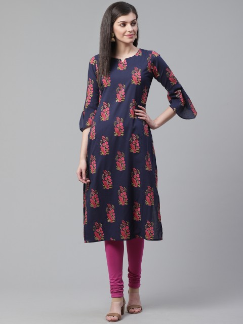 

AHIKA Women Navy Blue & Pink Ethnic Printed Bell Sleeves Straight Kurta