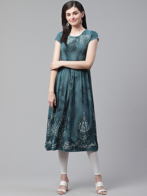 

AHIKA Women Teal Blue & Off-White Printed A-Line Kurta