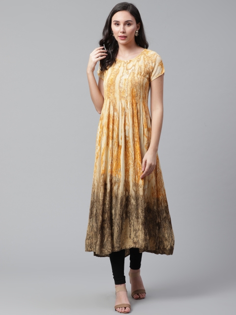

AHIKA Women Mustard Yellow & Brown Smocked Printed Anarkali Kurta