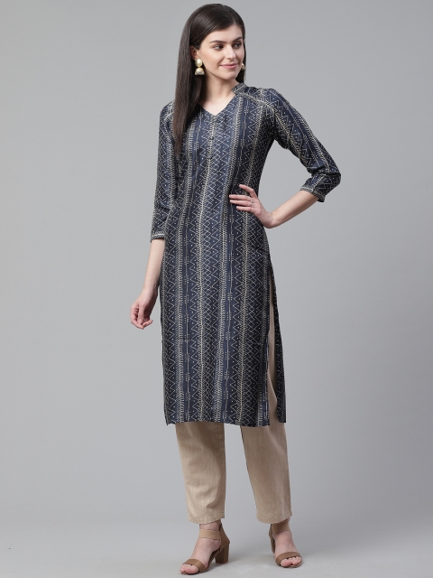 

AHIKA Women Navy Blue & Off-White Printed Straight Kurta