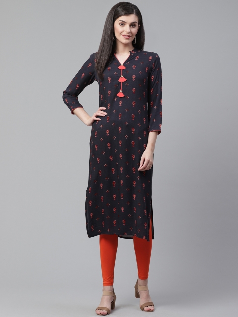 

AHIKA Women Navy Blue & Orange Printed Straight Kurta