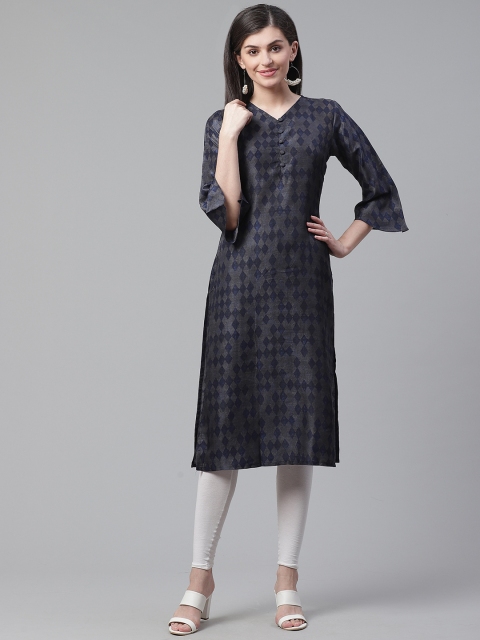 

AHIKA Women Charcoal Grey & Navy Blue Printed Straight Kurta