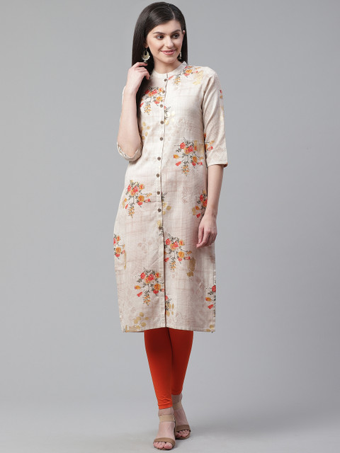

AHIKA Women Beige & Pink Floral Print Straight Kurta