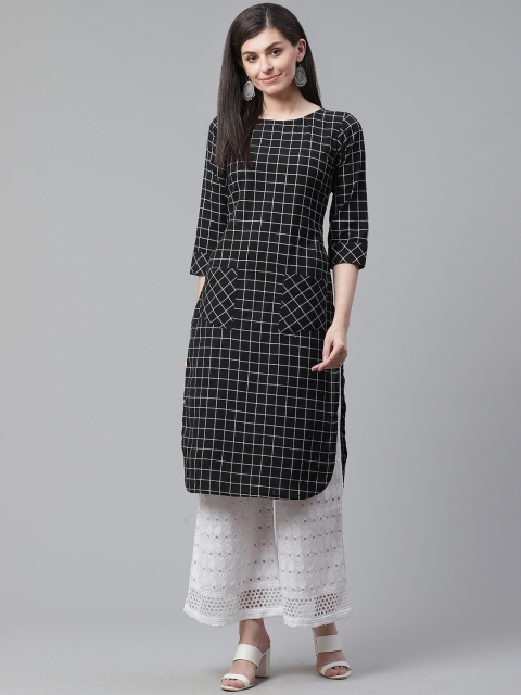 

AHIKA Women Black & White Checked Straight Kurta